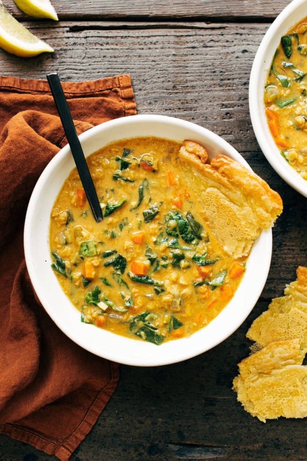 Smoky Red Lentil Soup with Spinach