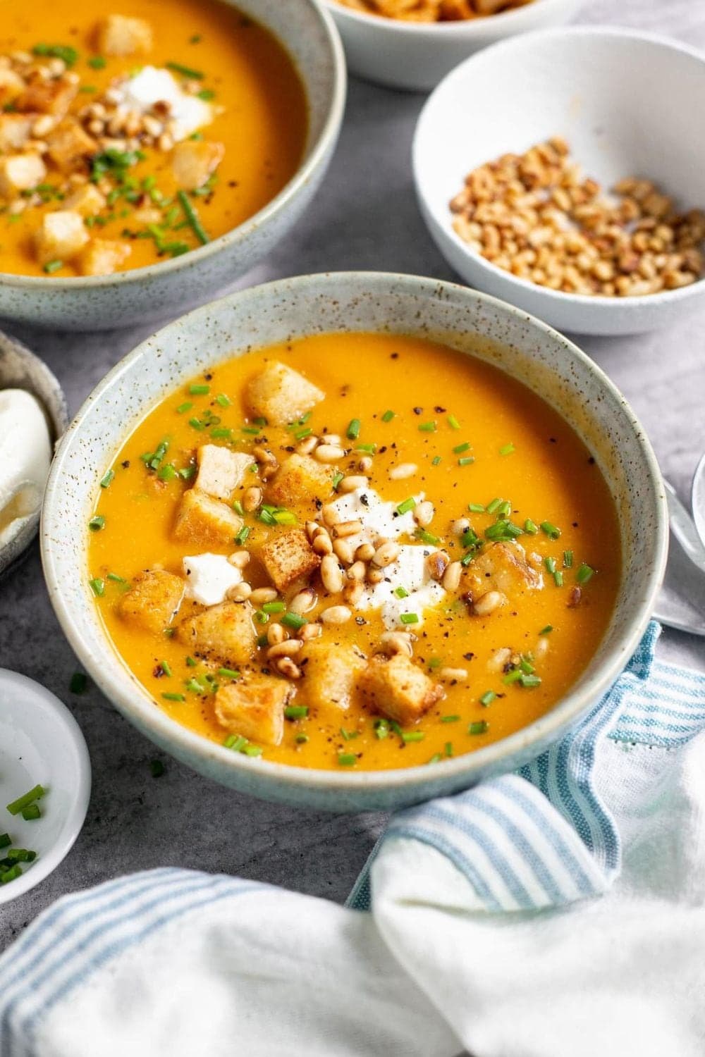 Sweet Potato Soup with Garlic and Pine Nuts