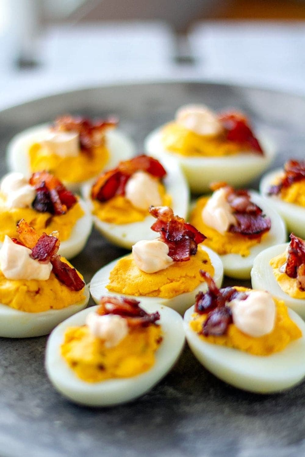 Buffalo Deviled Eggs With Crispy Bacon.