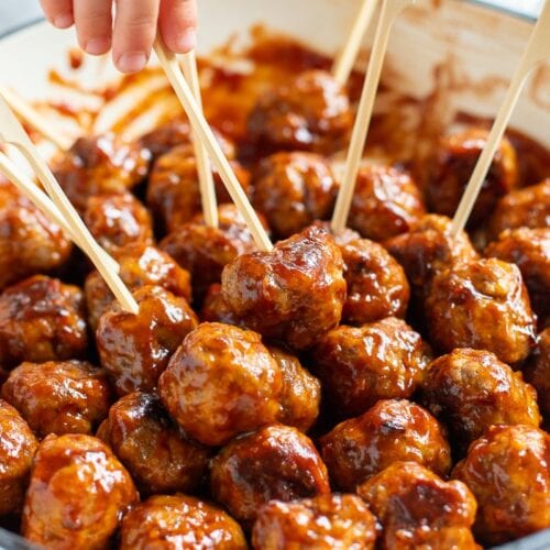 glazed cocktail meatballs with skewers