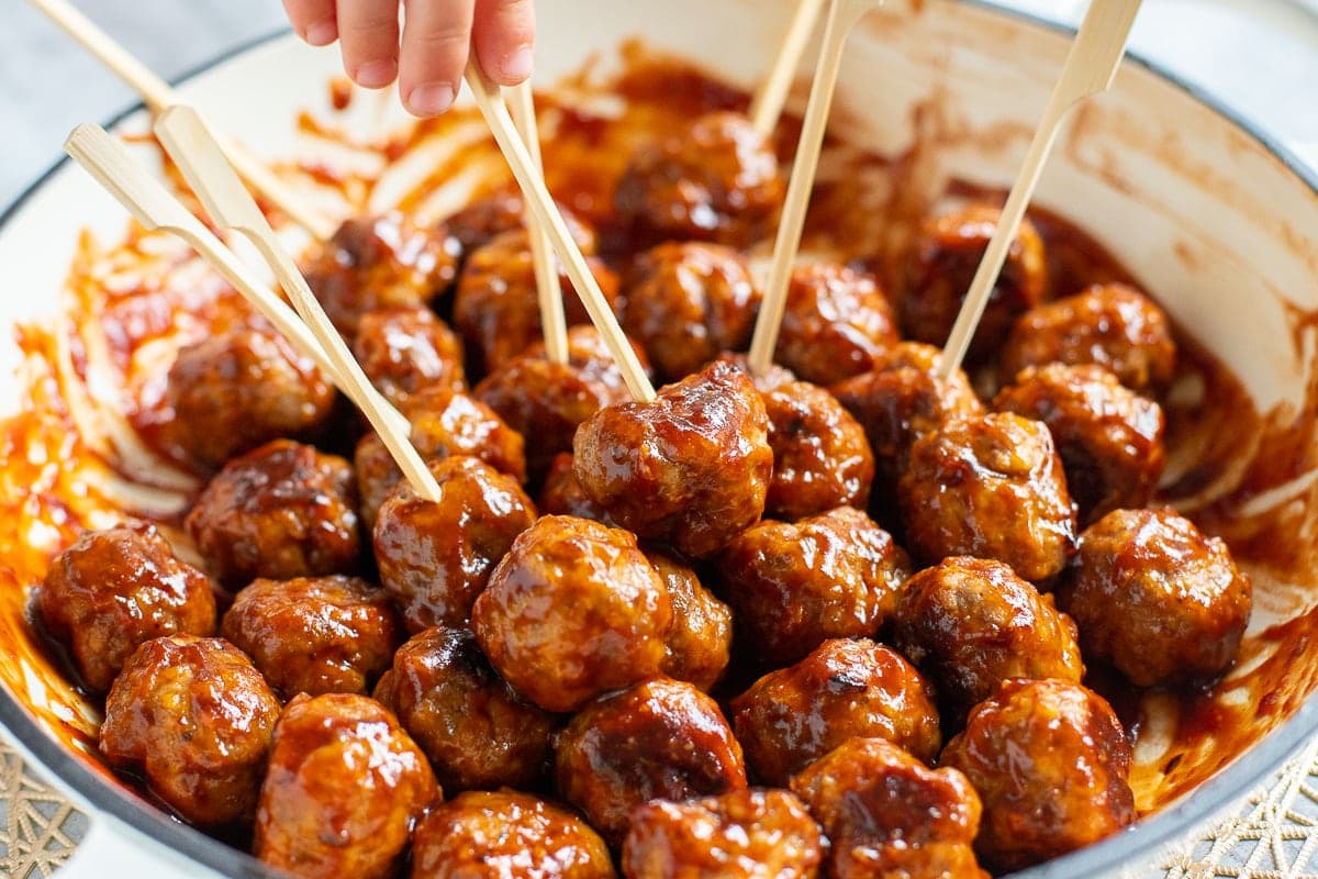 glazed cocktail meatballs with skewers