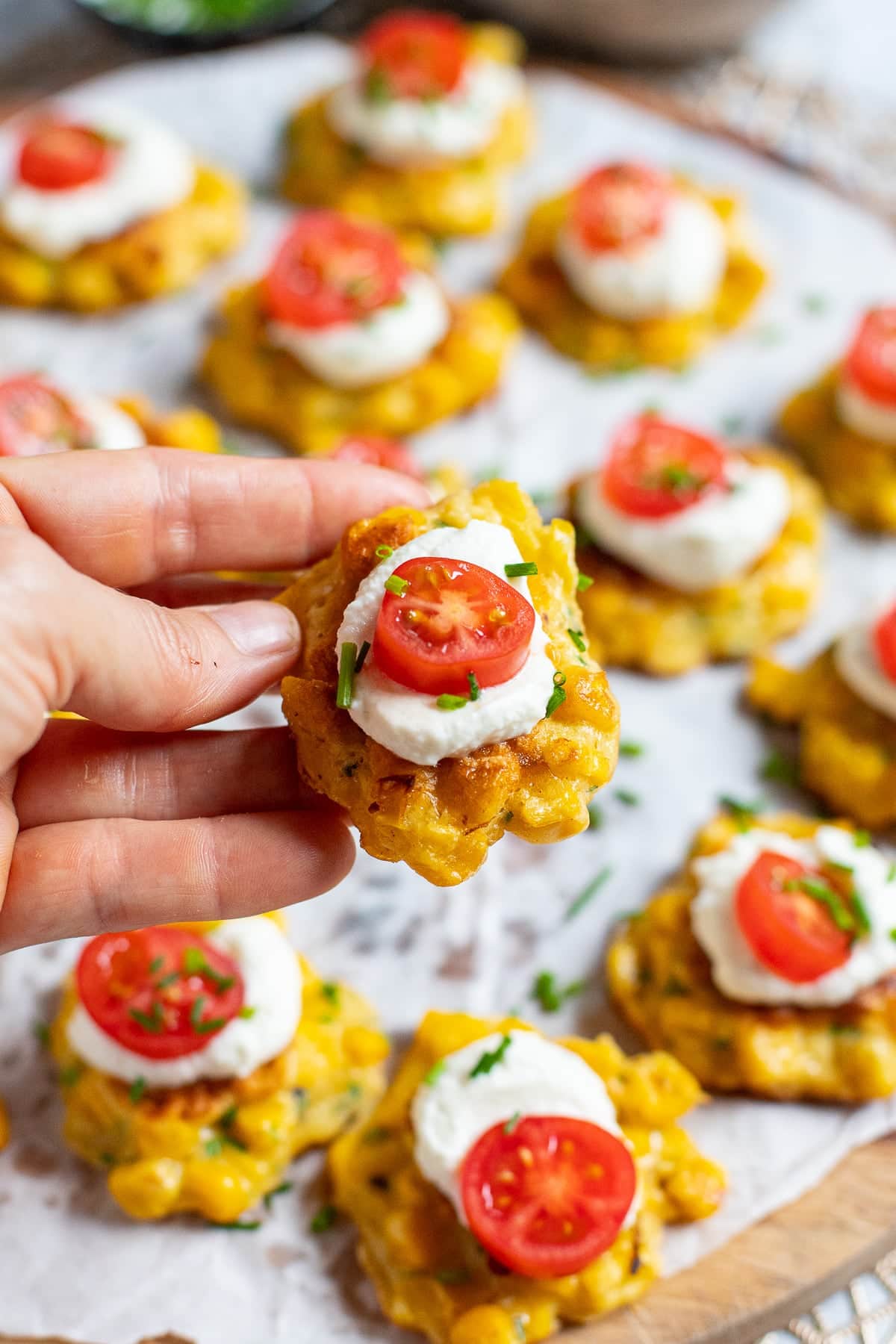 finger food corn fritters with whipped feta.