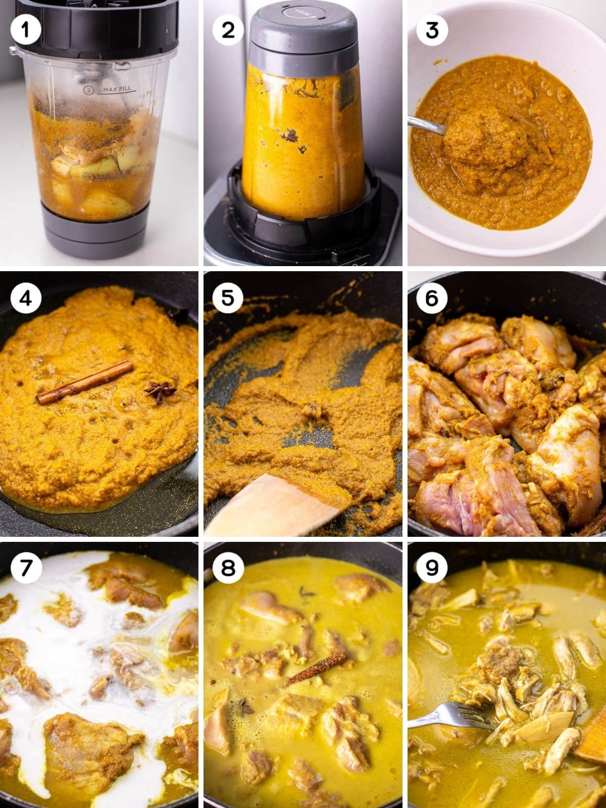 Blend ingredients to make curry paste, then blend with chicken and cook in deep pan.