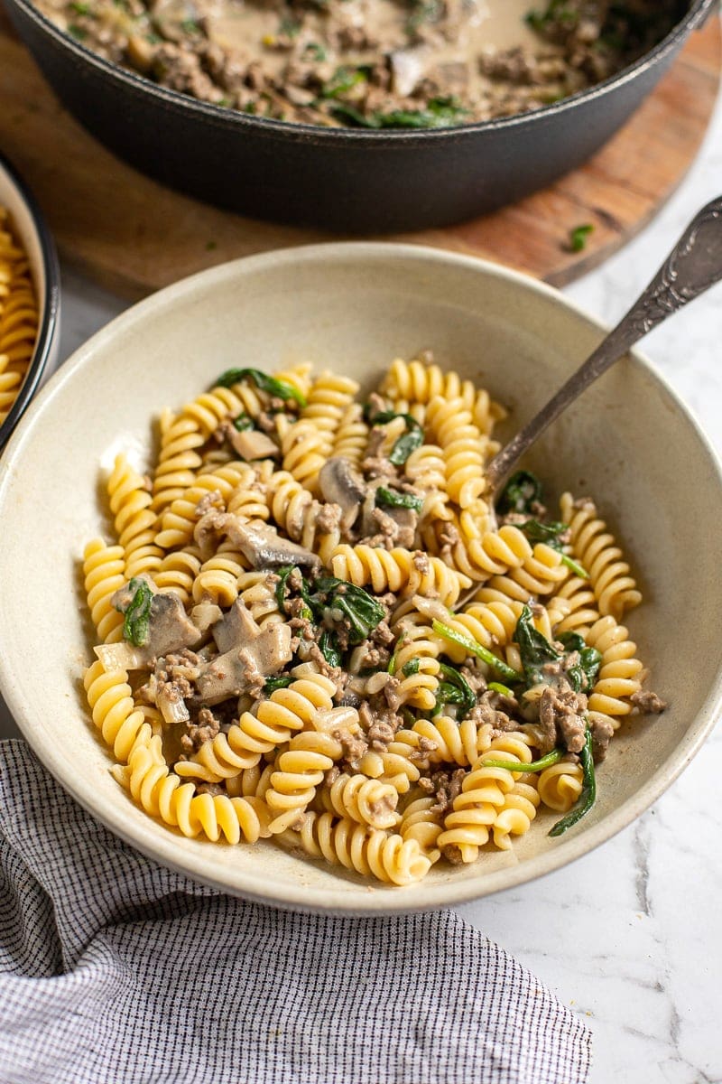 Healthy beef stroganoff served with pasta.