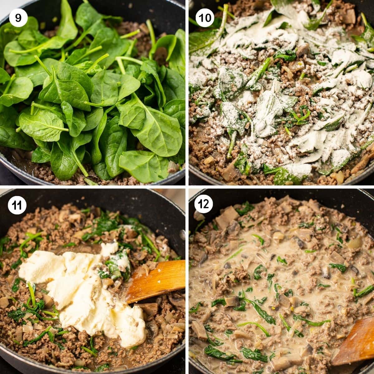 Adding spinach, sour cream and flour to the beef.