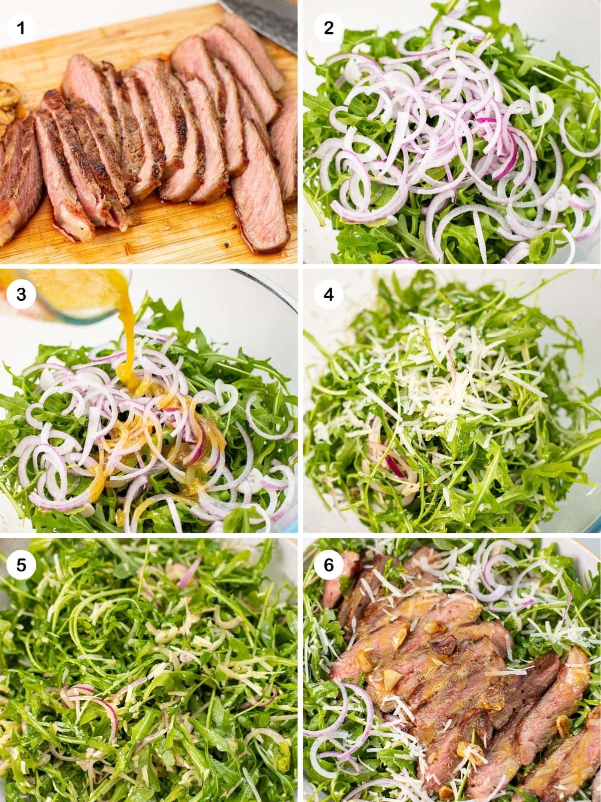Sliced steak and assembling of the salad.