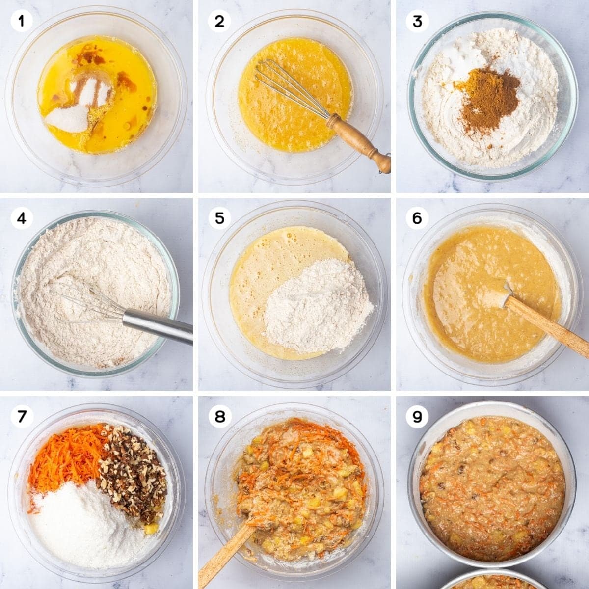 combine dry ingredients, mix wet ingredients, and add mix-ins.