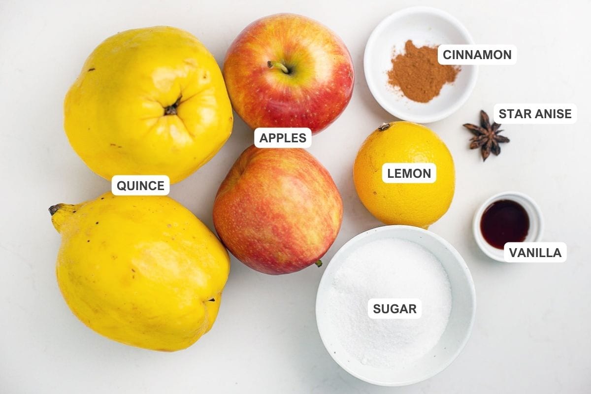 Ingredients for the recipe including quince, apples, star anise, vanilla extract, white sugar, and ground cinnamon.