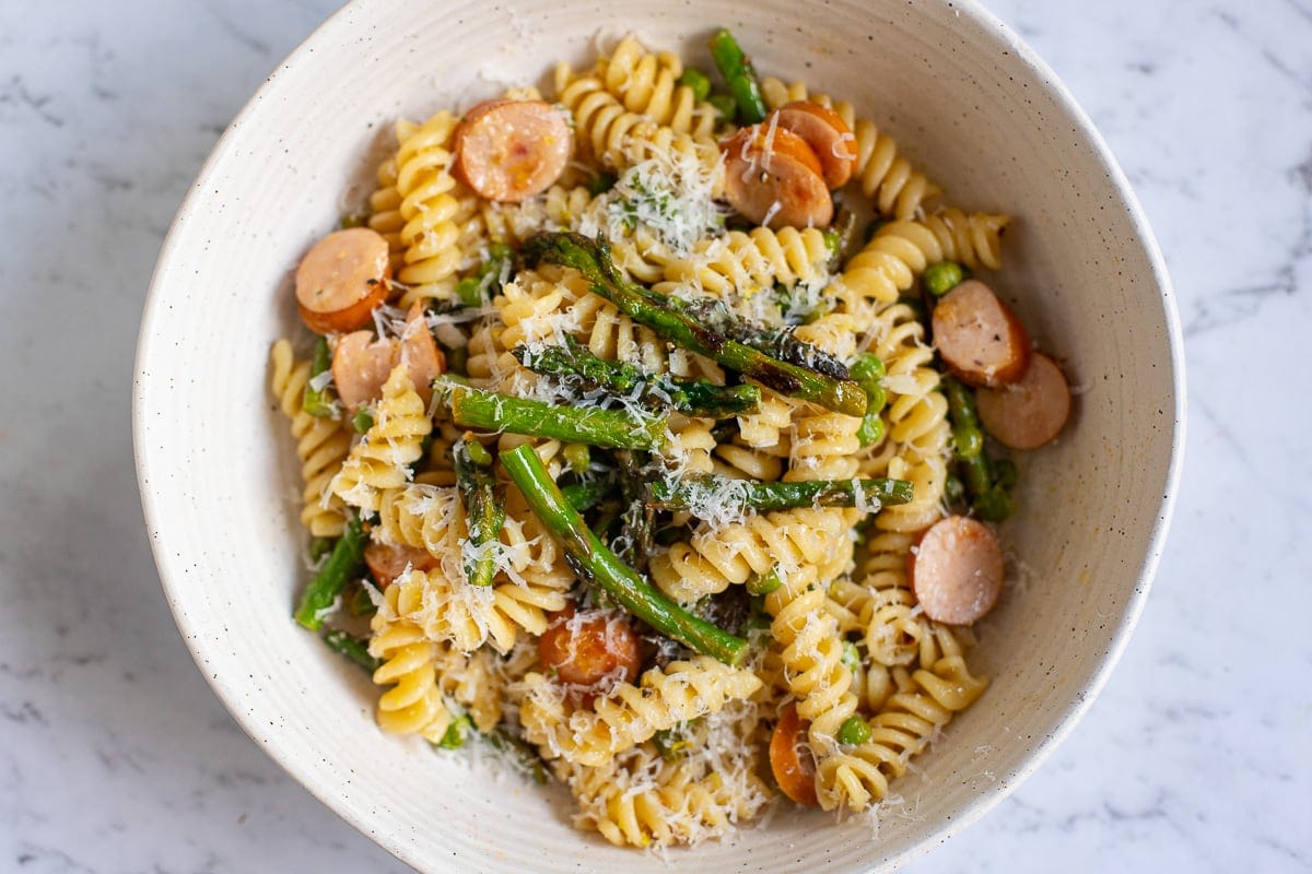 Lemon Garlic Asparagus in a pasta dish.