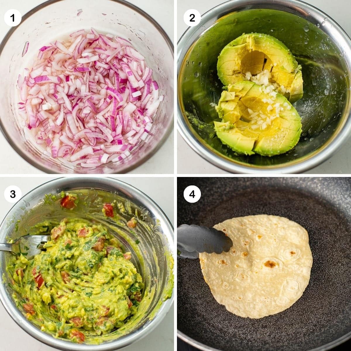 Prepare the guacamole and warm tortillas.