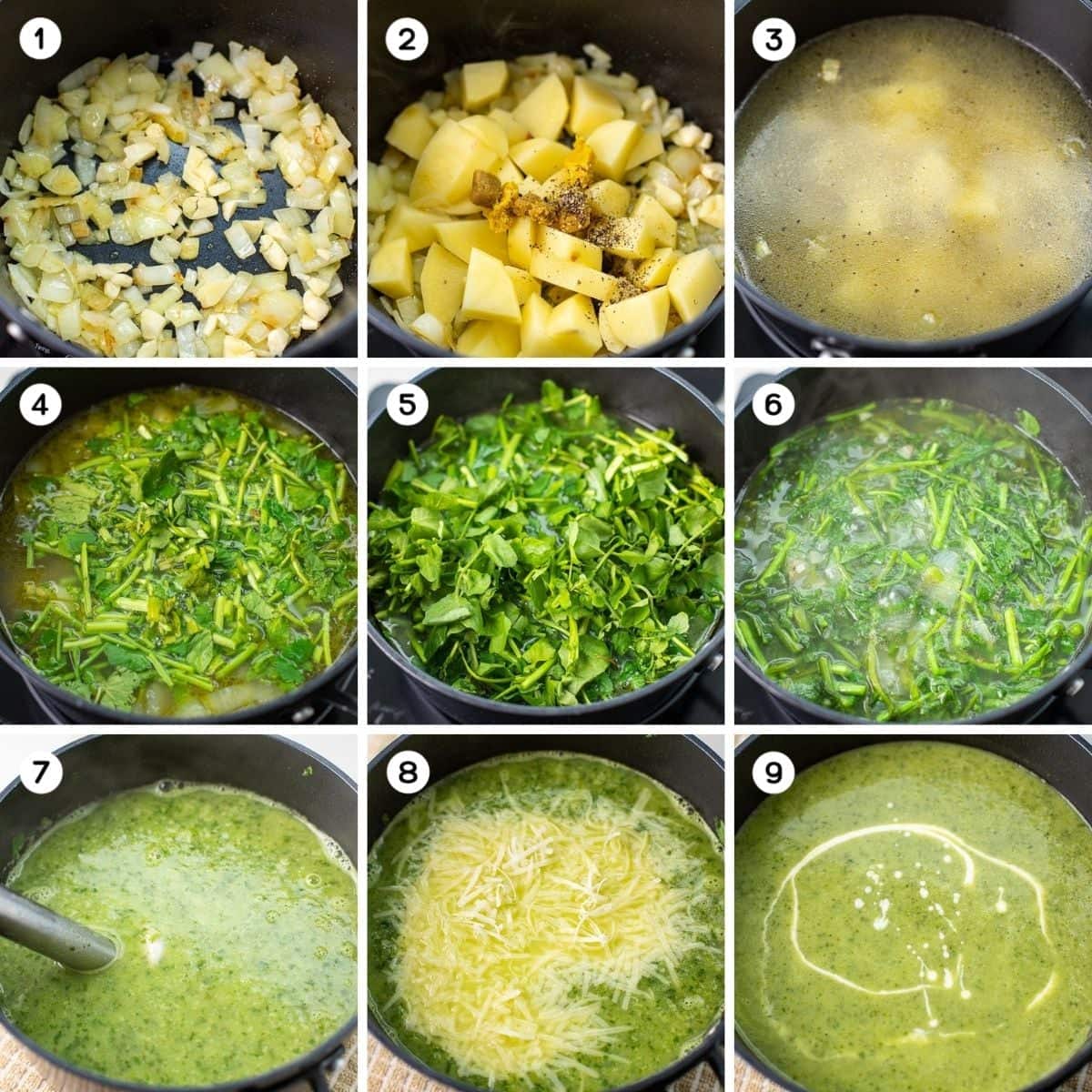 Add diced potatoes, broth, and watercress.