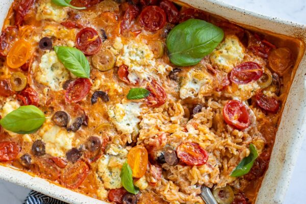 orzo bake with Boursin and cherry tomatoes