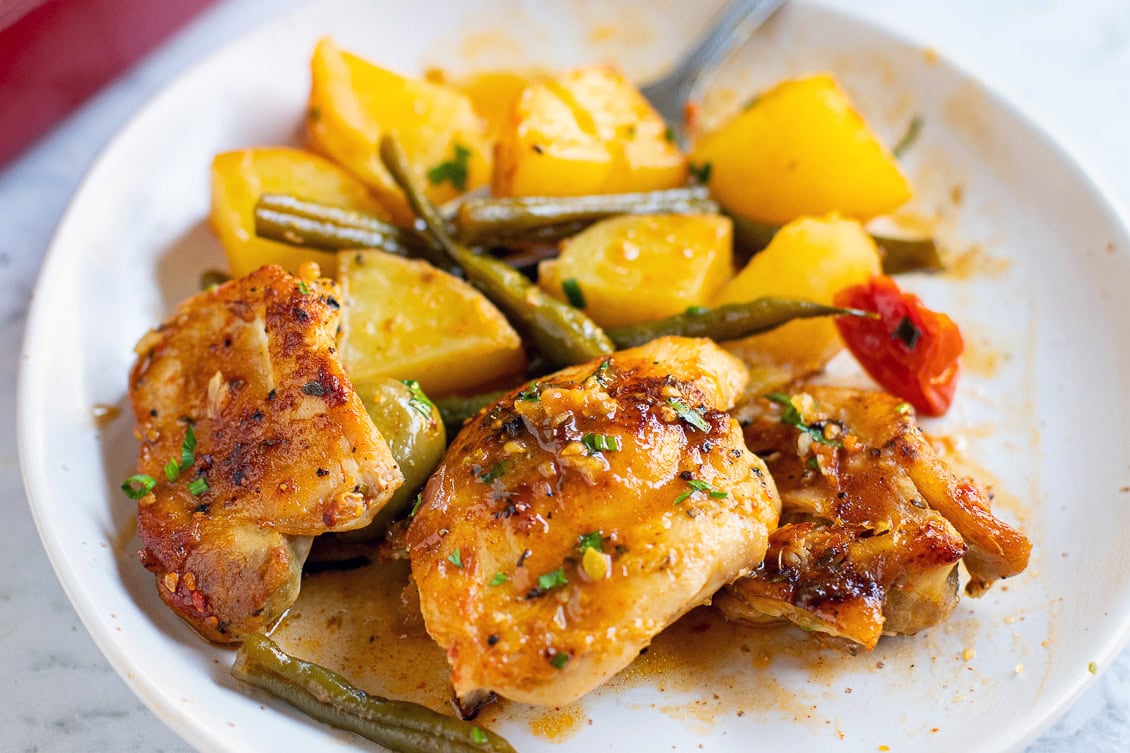 Chicken potato bake on a plate.