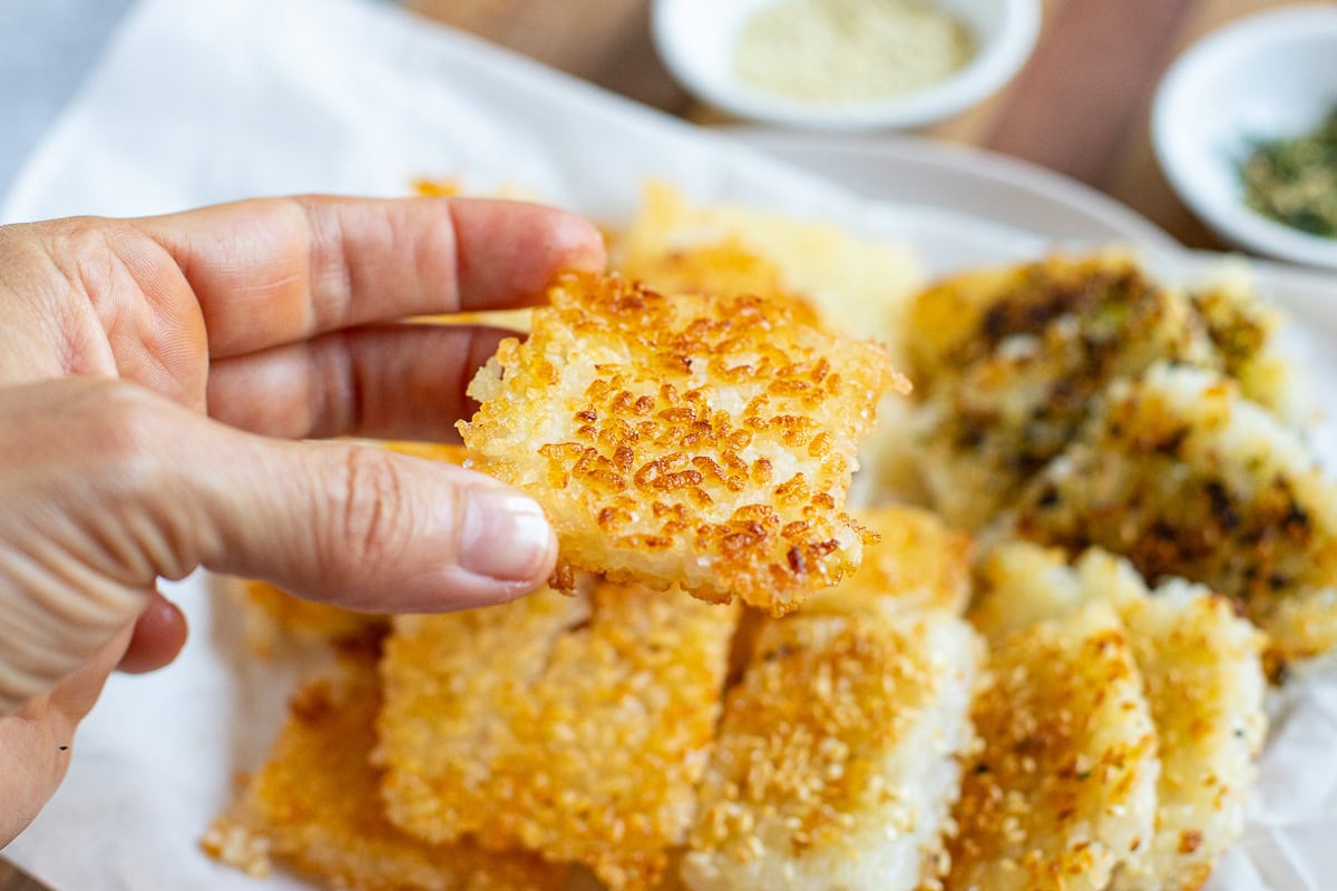 Crispy Rice snacks close up image.