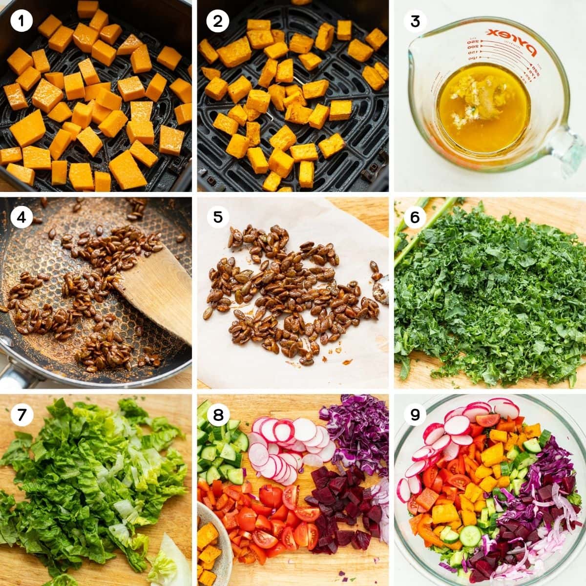 Roast butternut squash, Whisk dressing, chop ingredients, and toss.