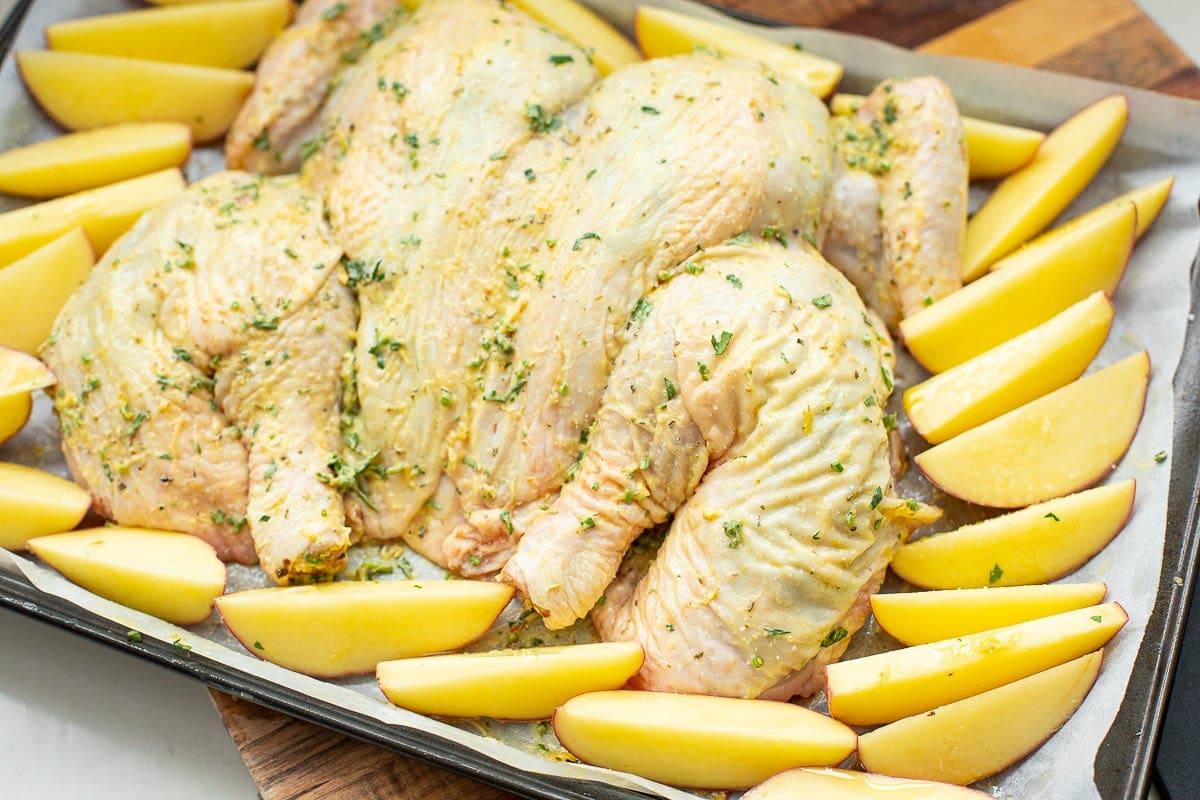 Arrange potatoes around the chicken