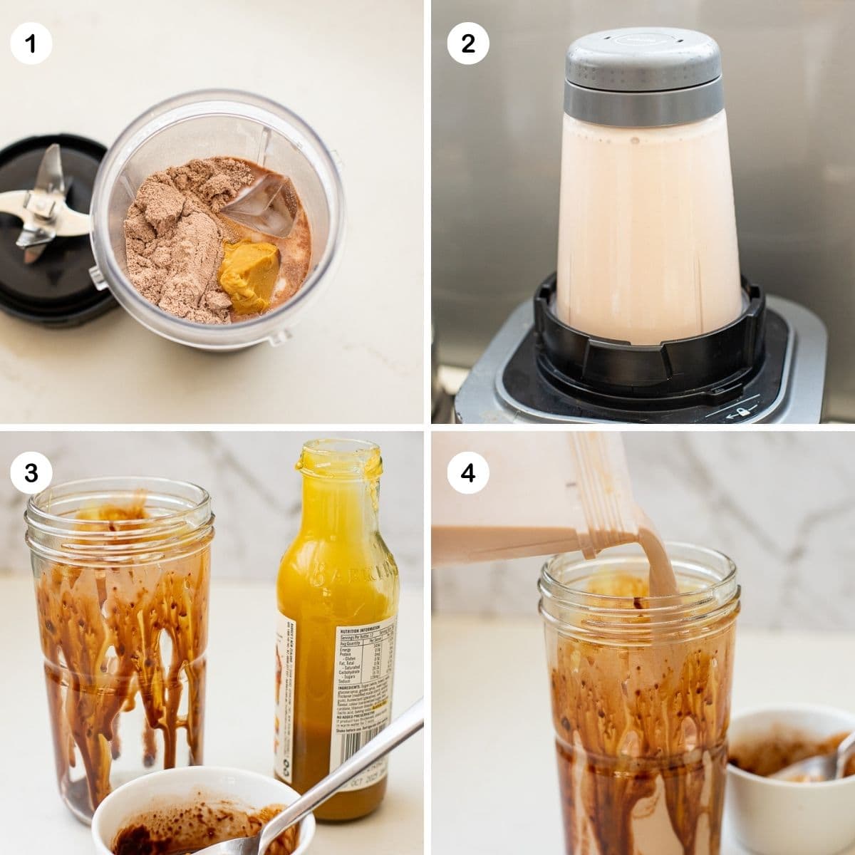 Add ingredients to blender and lace glass with sauce