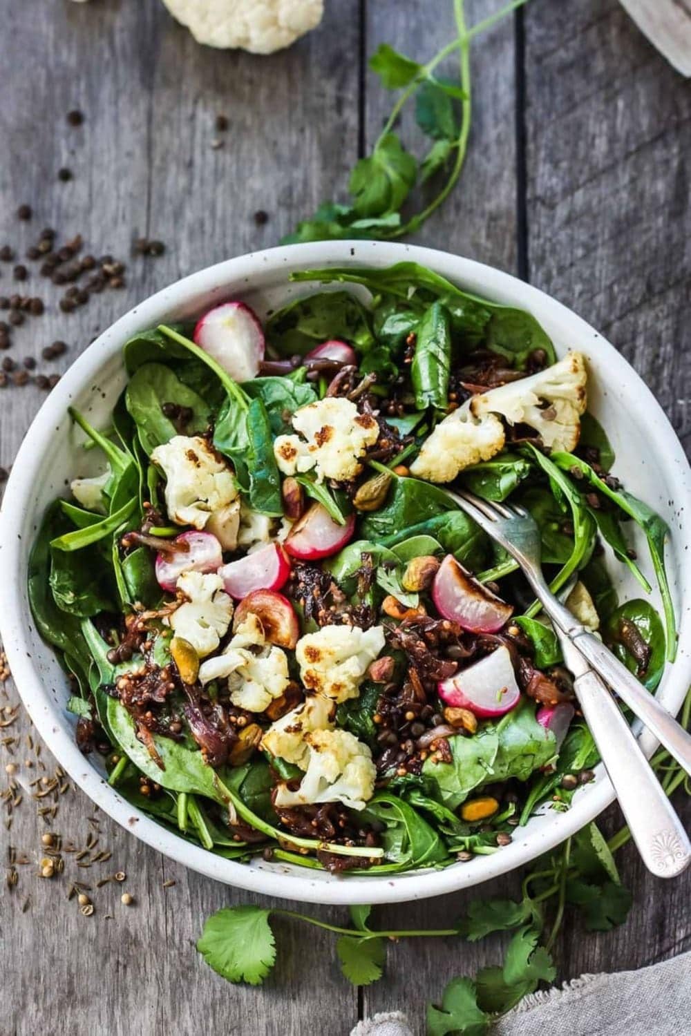 Indian Spinach Salad with Lentils & Cauliflower