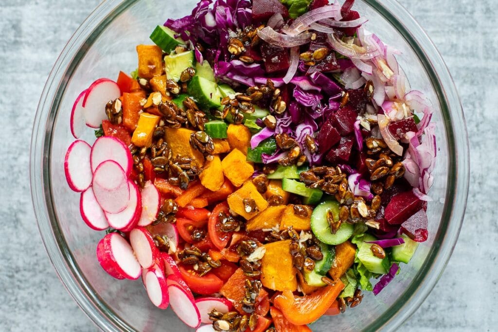 Superfood Salad with Kale, Red Cabbage, Butternut Squash, and Pumpkin Seeds