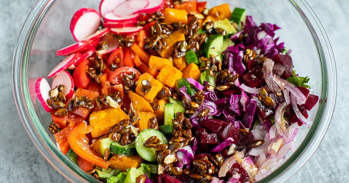 Rainbow Superfood Salad With Basil Dressing