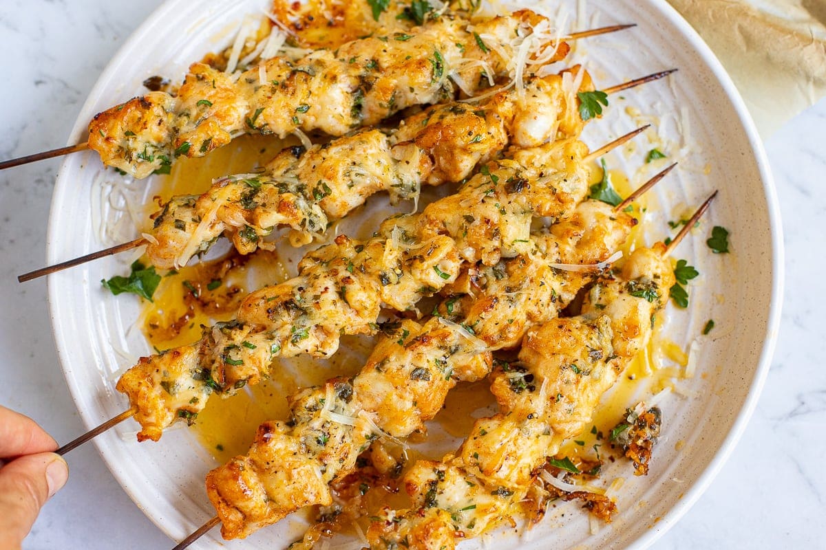 Oven-baked chicken skewers with garlic Parmesan.
