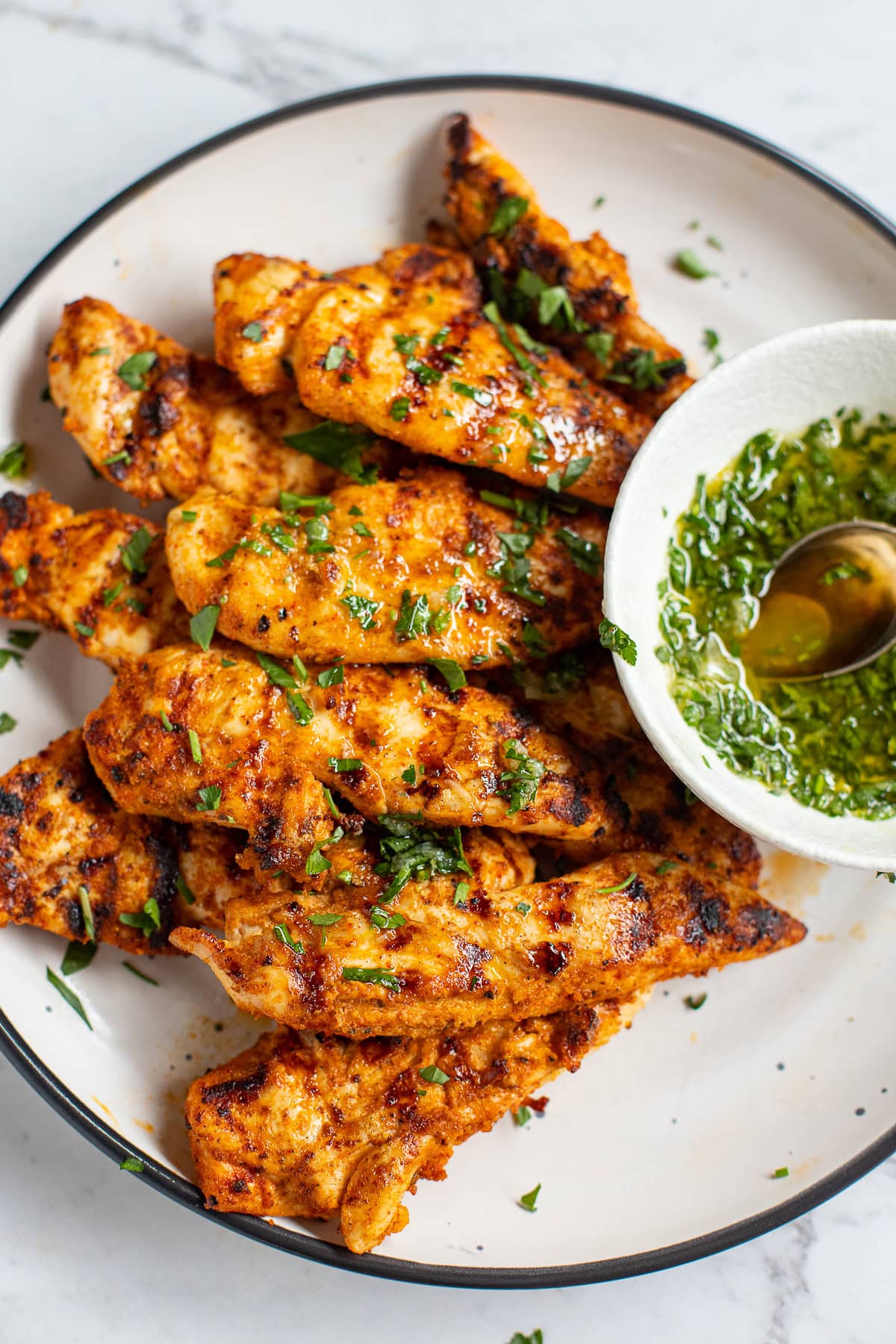 Grilled Chicken Tenders With Herb & Garlic Sauce.