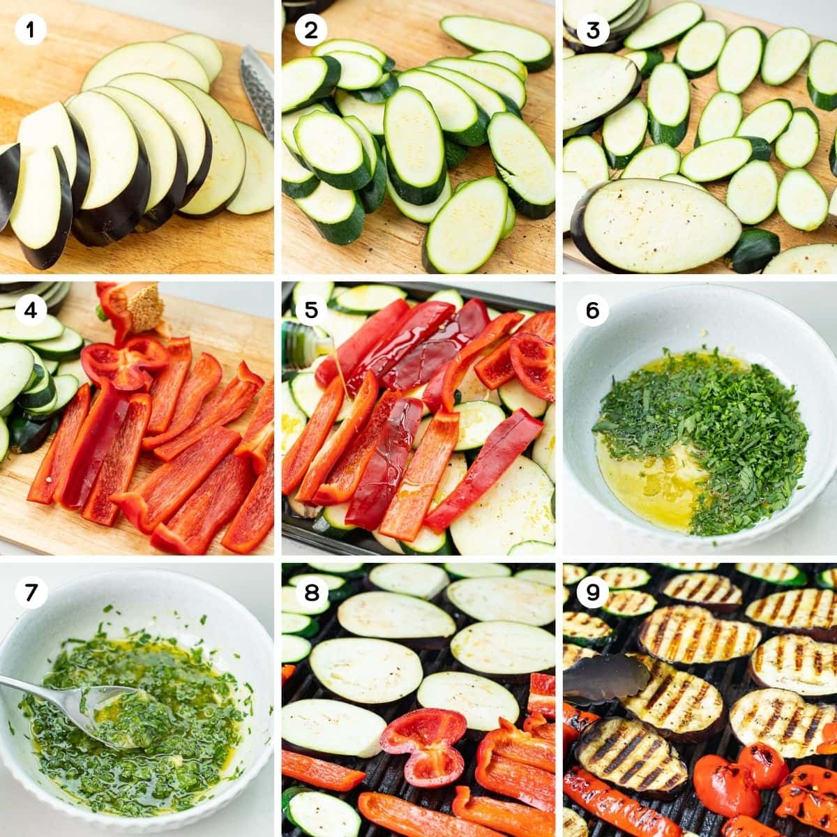 Prep the veggies, season, make the sauce, and grill vegetables.