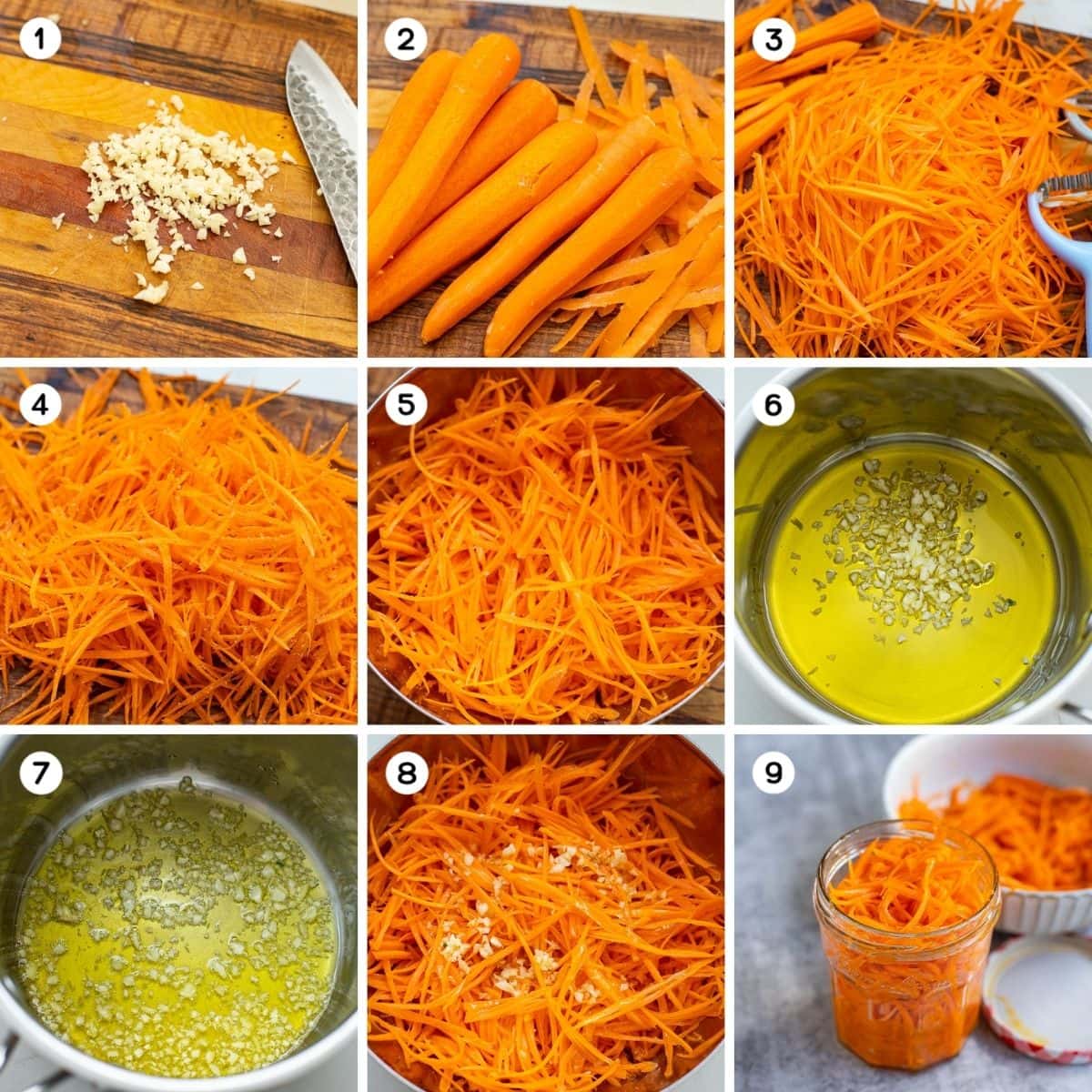 Peel and julienne carrots, add vinegar, heat olive oil, add carrots and garlic.