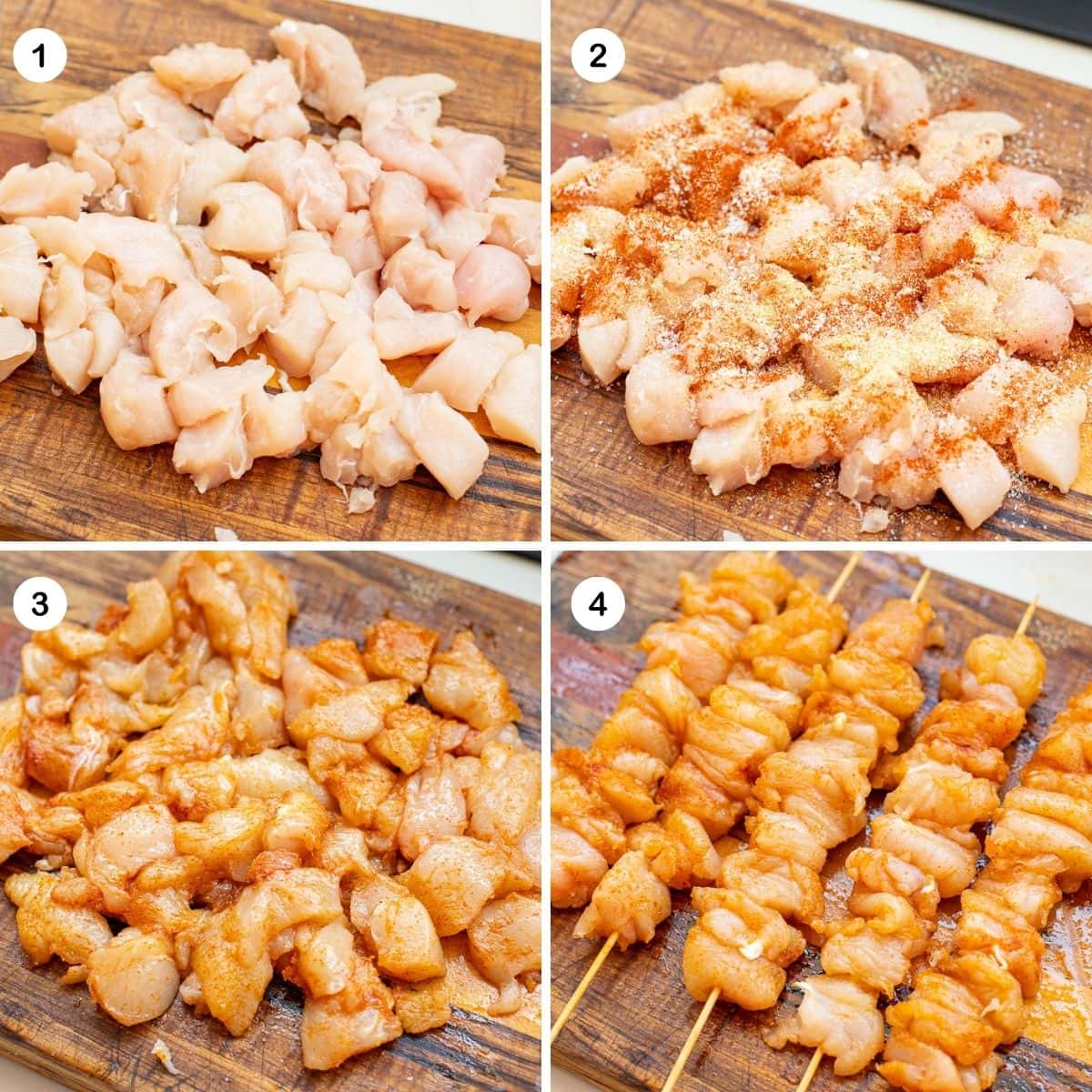 Season chicken and thread onto skewers.