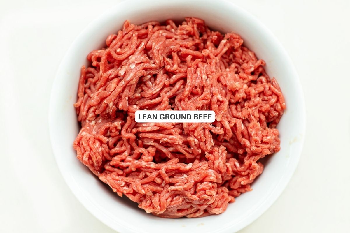 Ingredients for the recipe including lean ground beef.