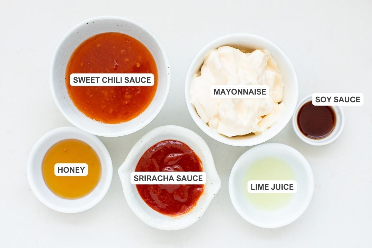Ingredients for the recipe including sweet chili sauce, mayonnaise, soy sauce, lime juice, sriracha sauce, and honey.