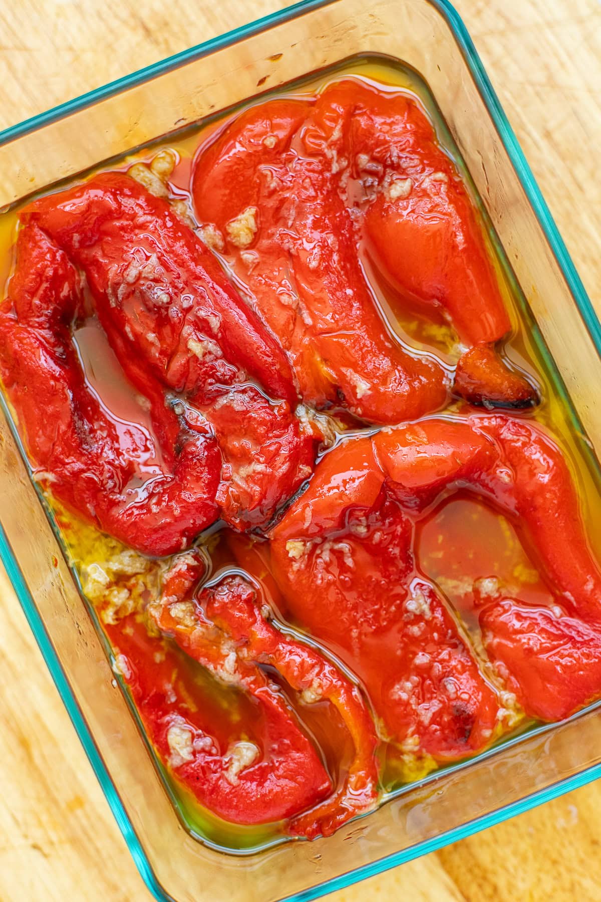 Roasted Red Peppers With pickling garlic dressing.