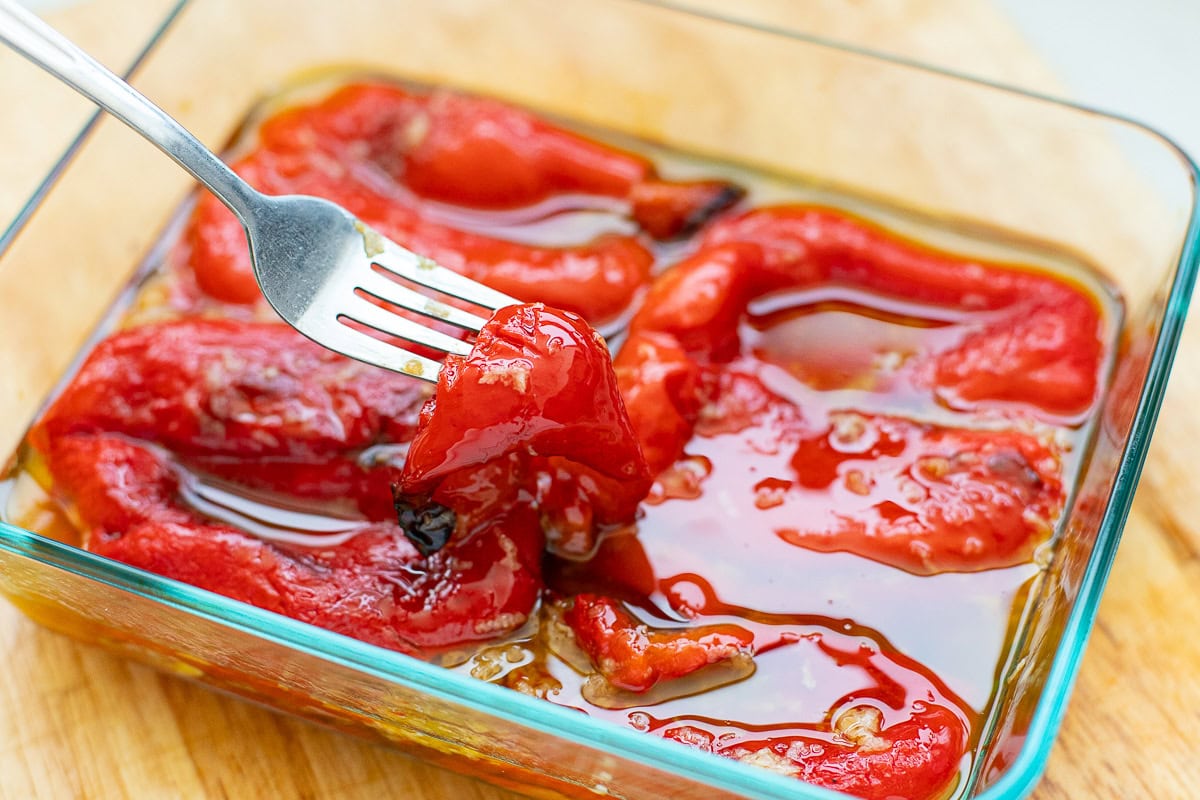 Roasted red peppers with garlic vinegar dressing.