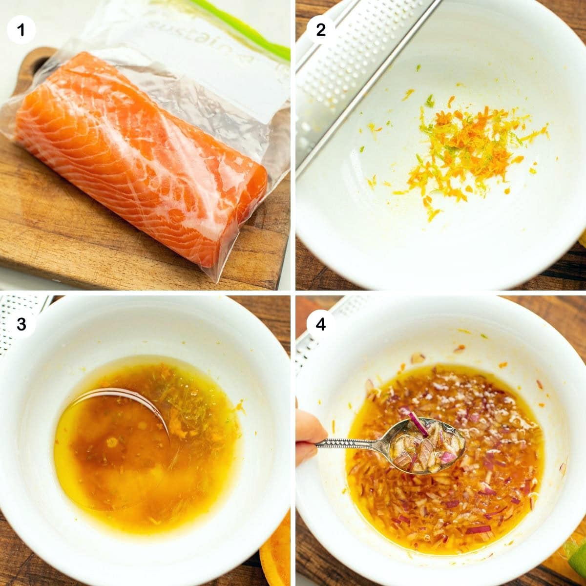 Freeze the salmon and make the dressing.