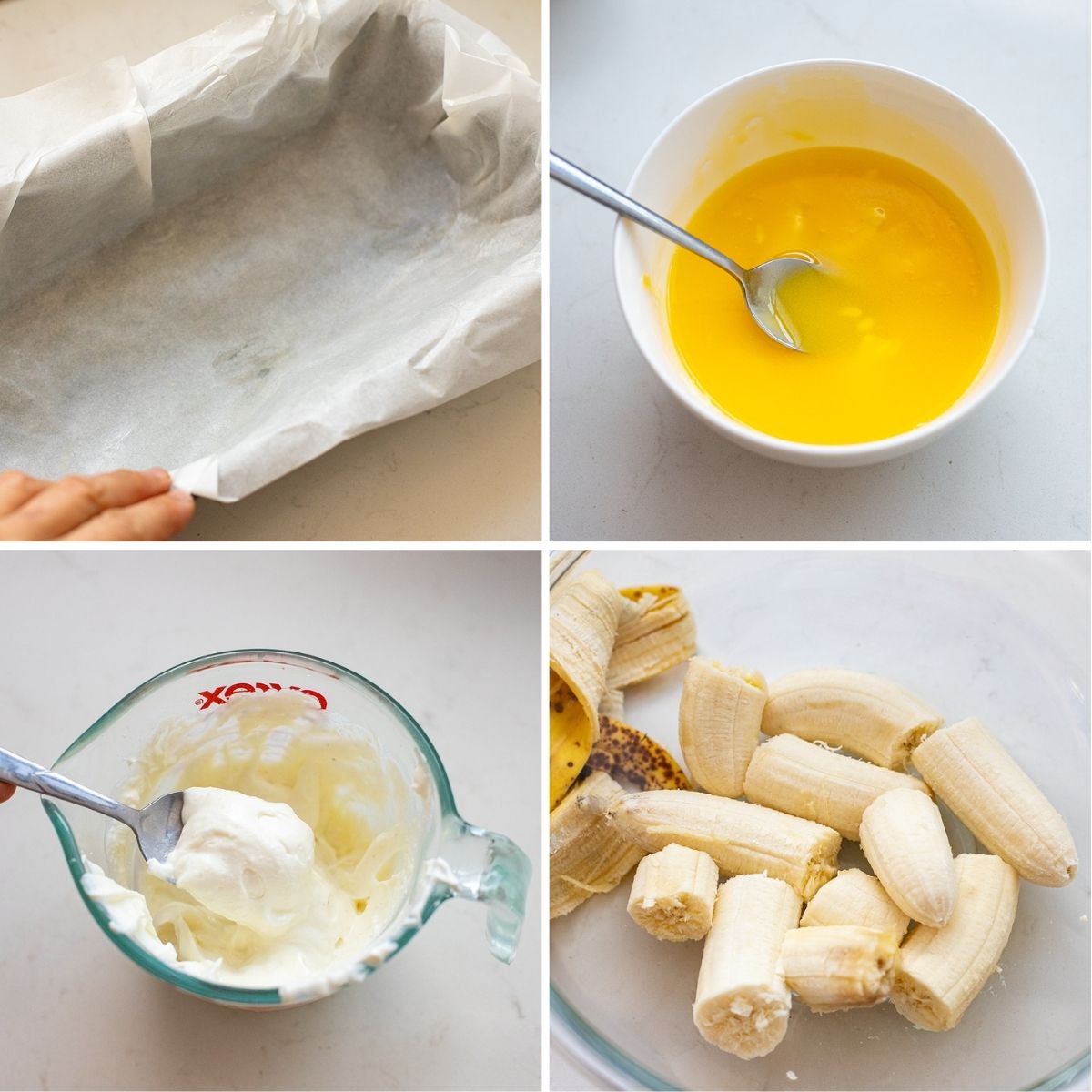 Grease or line a pan, melt butter, and blend or whip cottage cheese