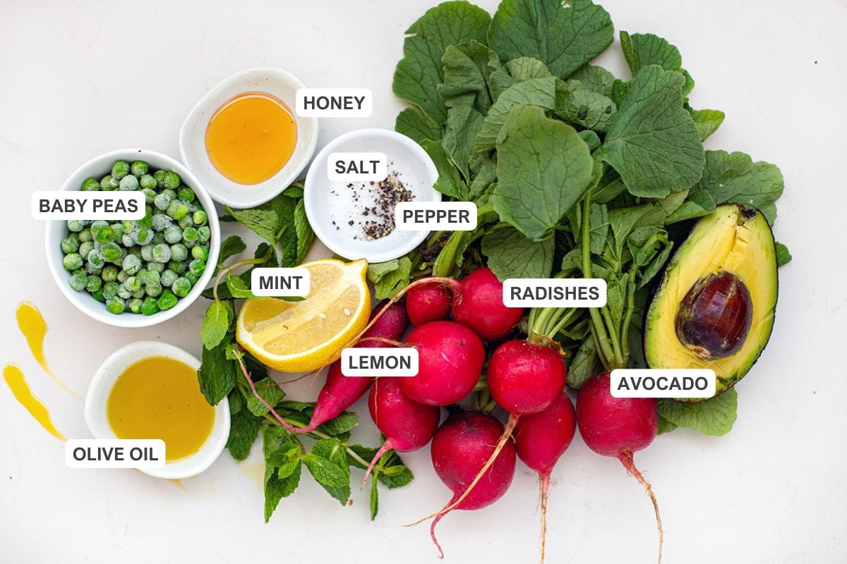 Ingredients for the recipe including radishes, baby peas, avocado, honey, salt, pepper, mint, lemon, and olive oil.