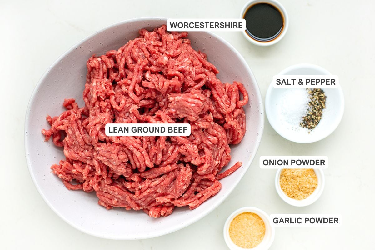 Ingredients for the recipe including lean ground beef, worcestershire, salt & pepper, onion powder, and garlic powder.