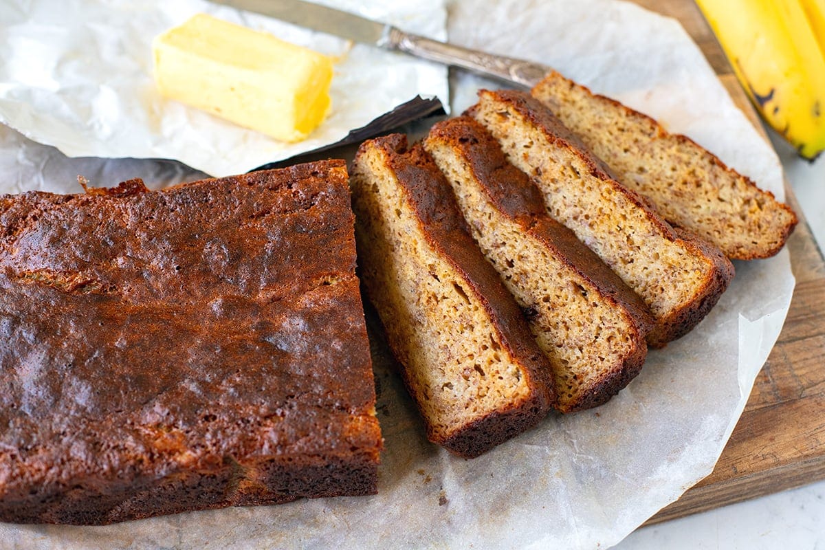 Banana bread sliced with butter