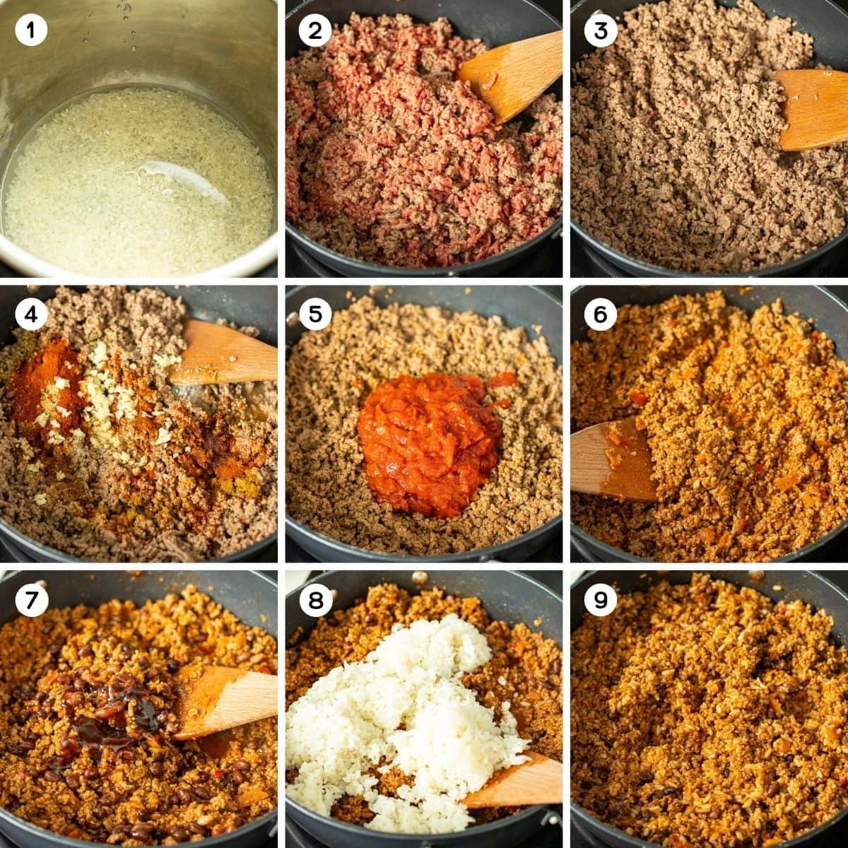 Cook the rice and brown the beef.