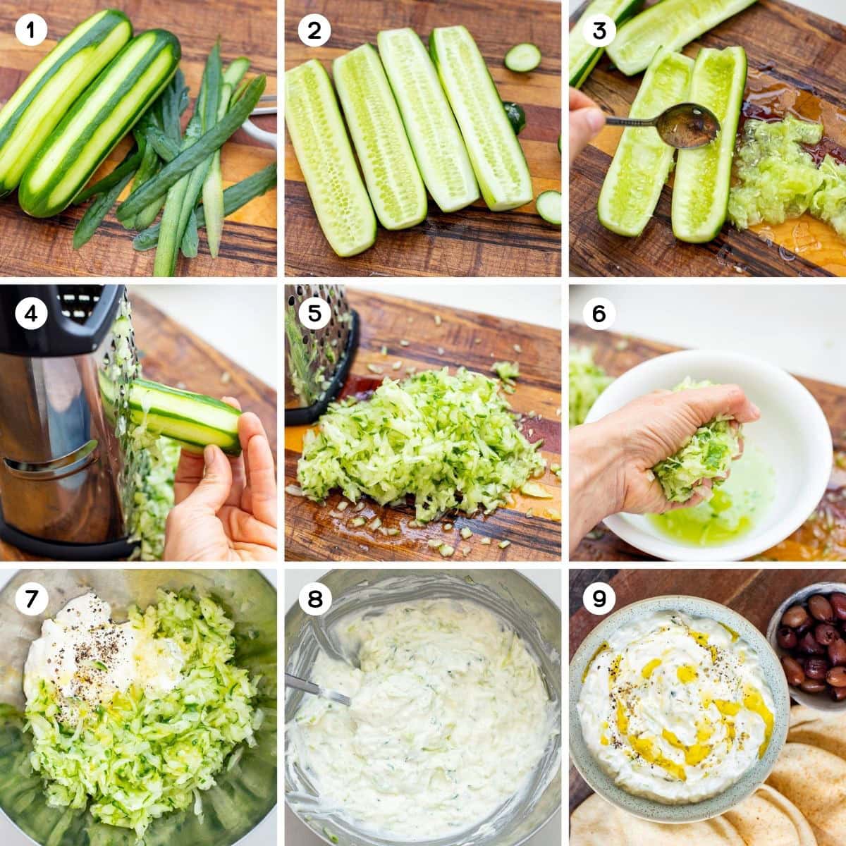 Prep the cucumbers, grate and rain, and mix the ingredients