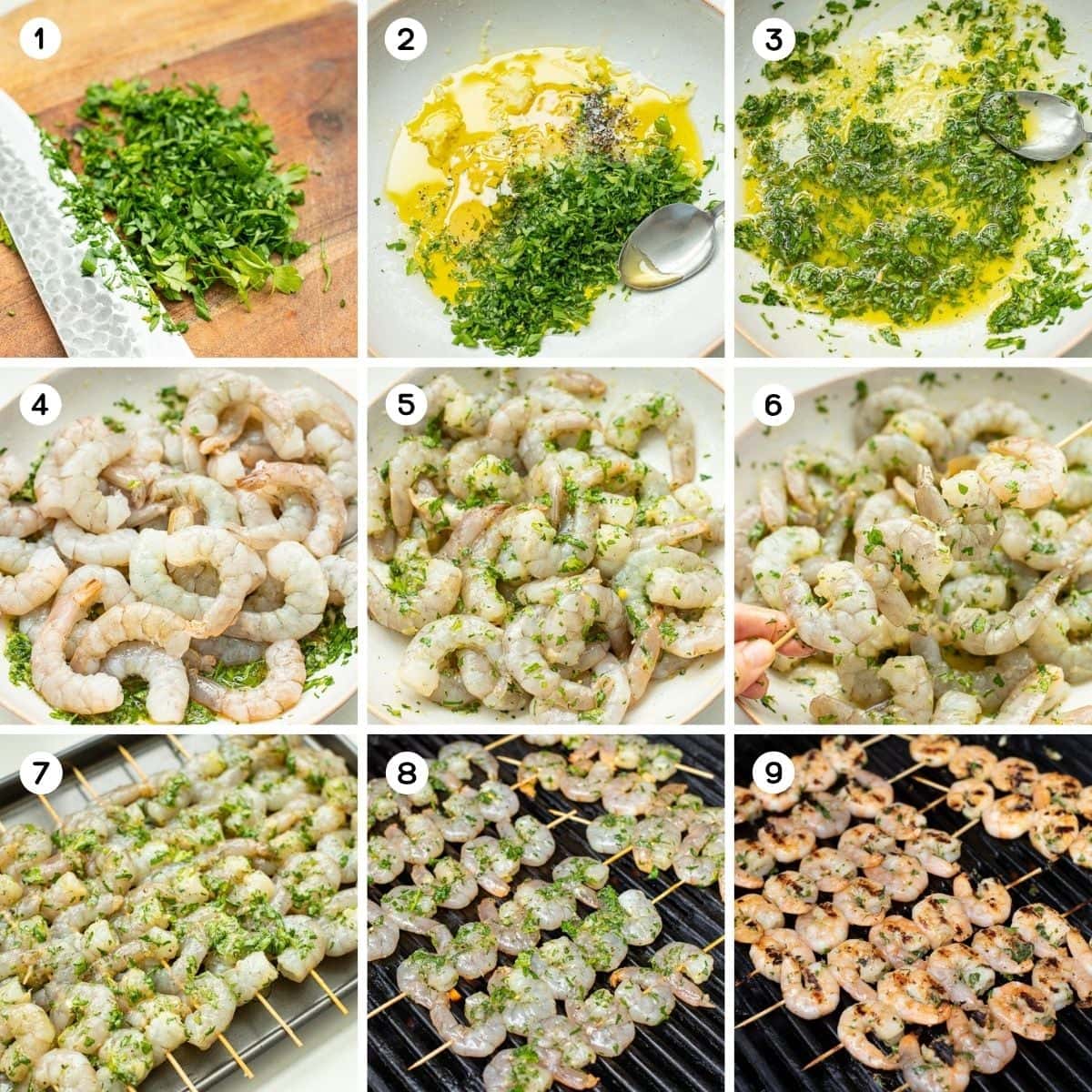 Whisk marinade ingredients, Marinate shrimp, Thread shrimp onto skewers, and cook by grilling, oven broiling, air frying, or pan frying.