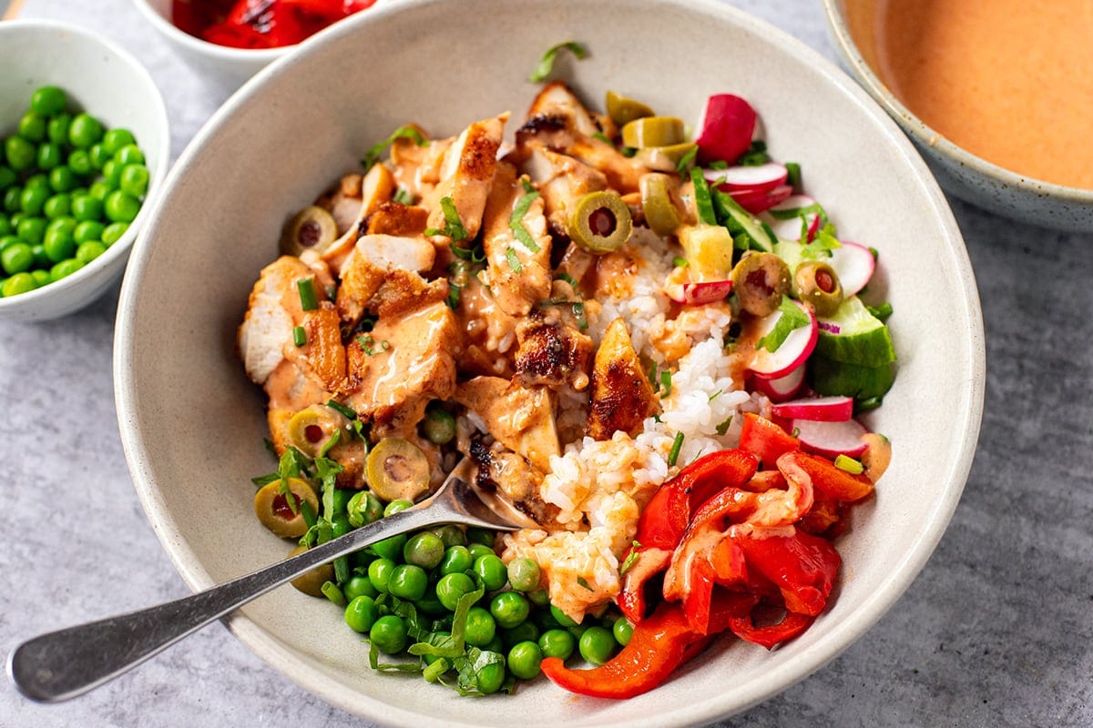 Chicken & Rice Bowls with veggie toppings