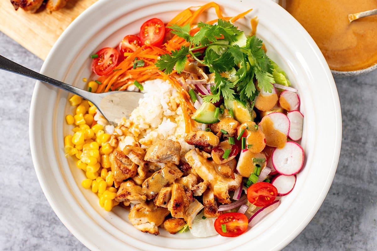 Chicken & Rice Bowls with vegetable toppings