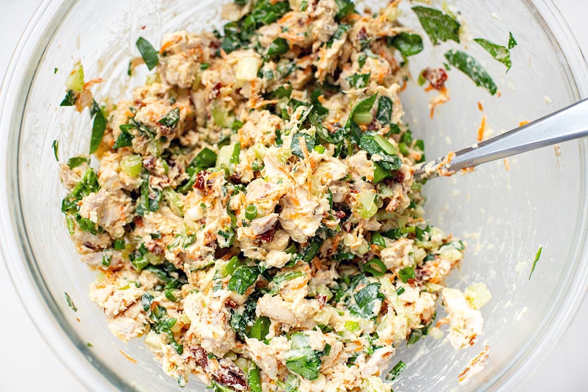Creamy chicken salad in a bowl.