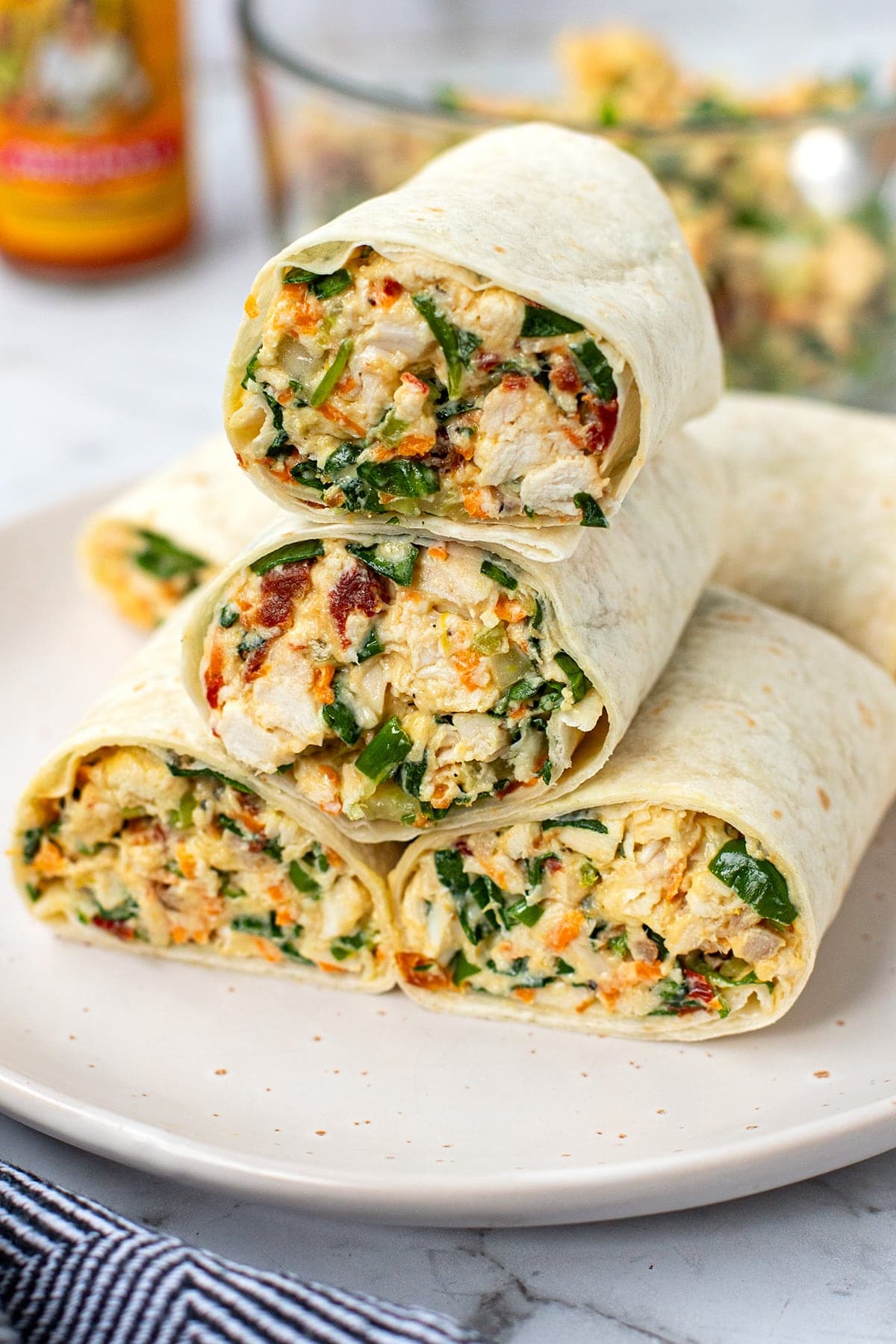 Chicken veggie salad wraps.