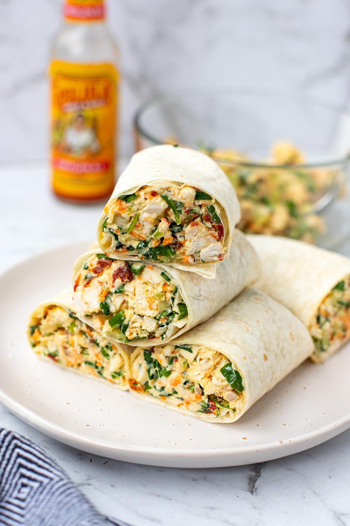 High-protein chicken wraps.