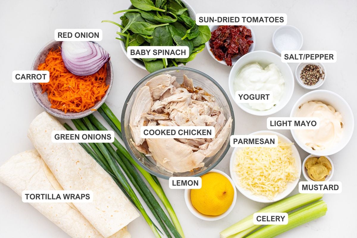 Ingredients for the recipe including cooked chicken, parmesan, yogurt, light mayo, mustard, celery, lemon, tortilla wraps, salt, pepper, sun-dried tomatoes, baby spinach, red onion, carrot, and green onions.