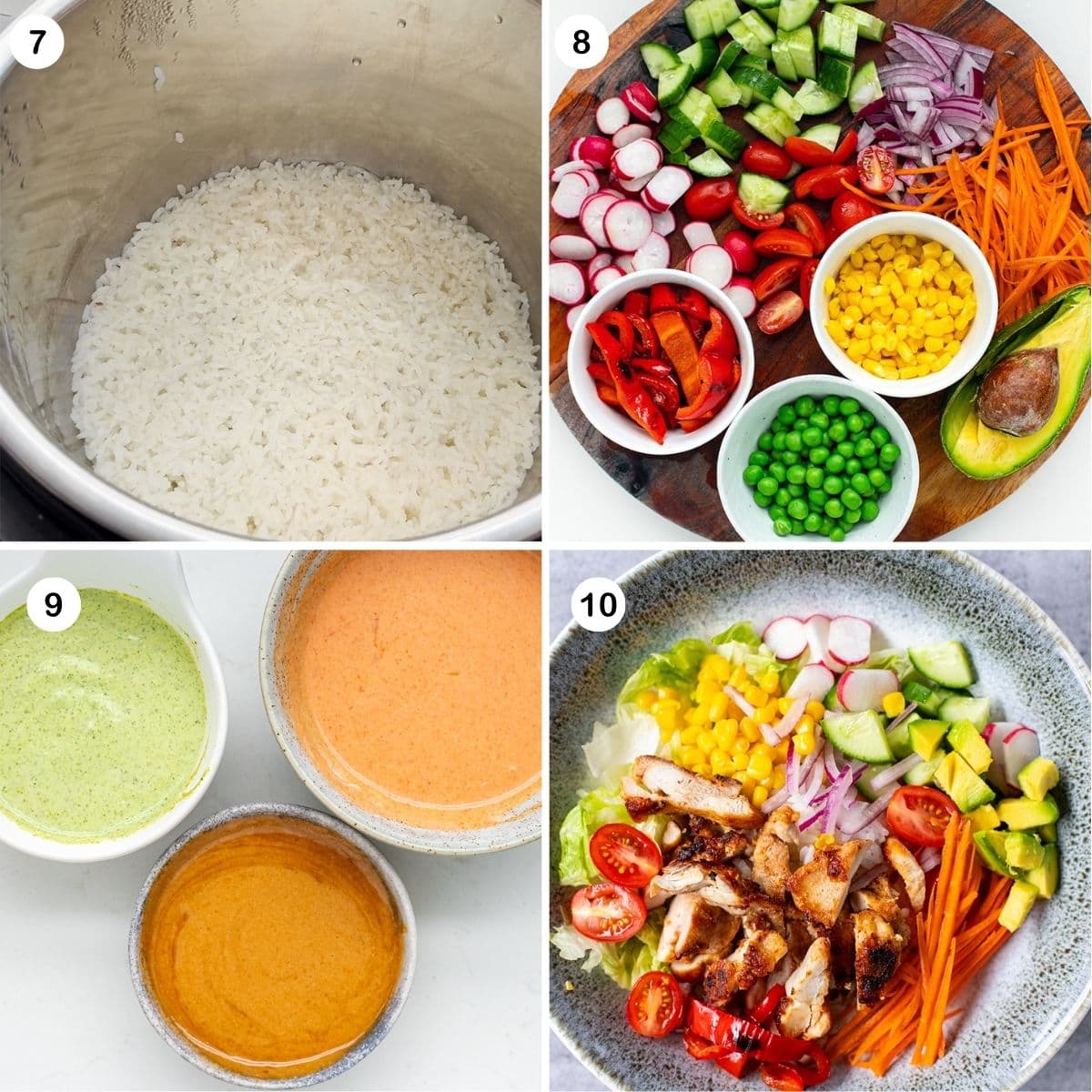 Cook rice, prep toppings, make sauces, and assemble