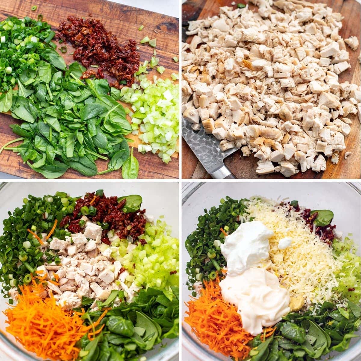 Dice chicken and vegetables, add everything into a bowl