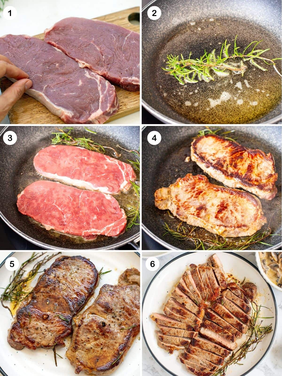 how to pan fry steak with butter and rosemary, steps collage.